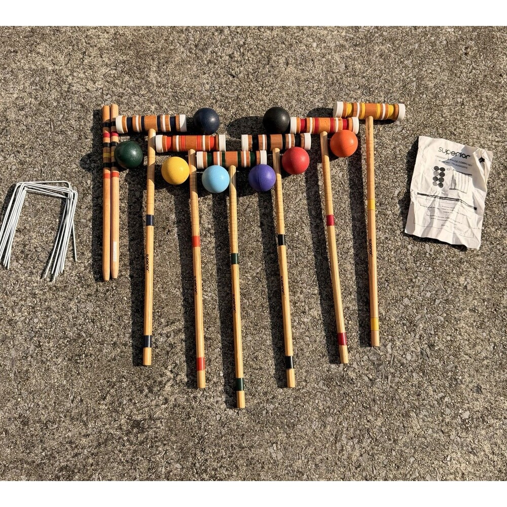 Vintage Superior Croquet Set 6 Player Wooden Mallets Balls Wickets Vintage